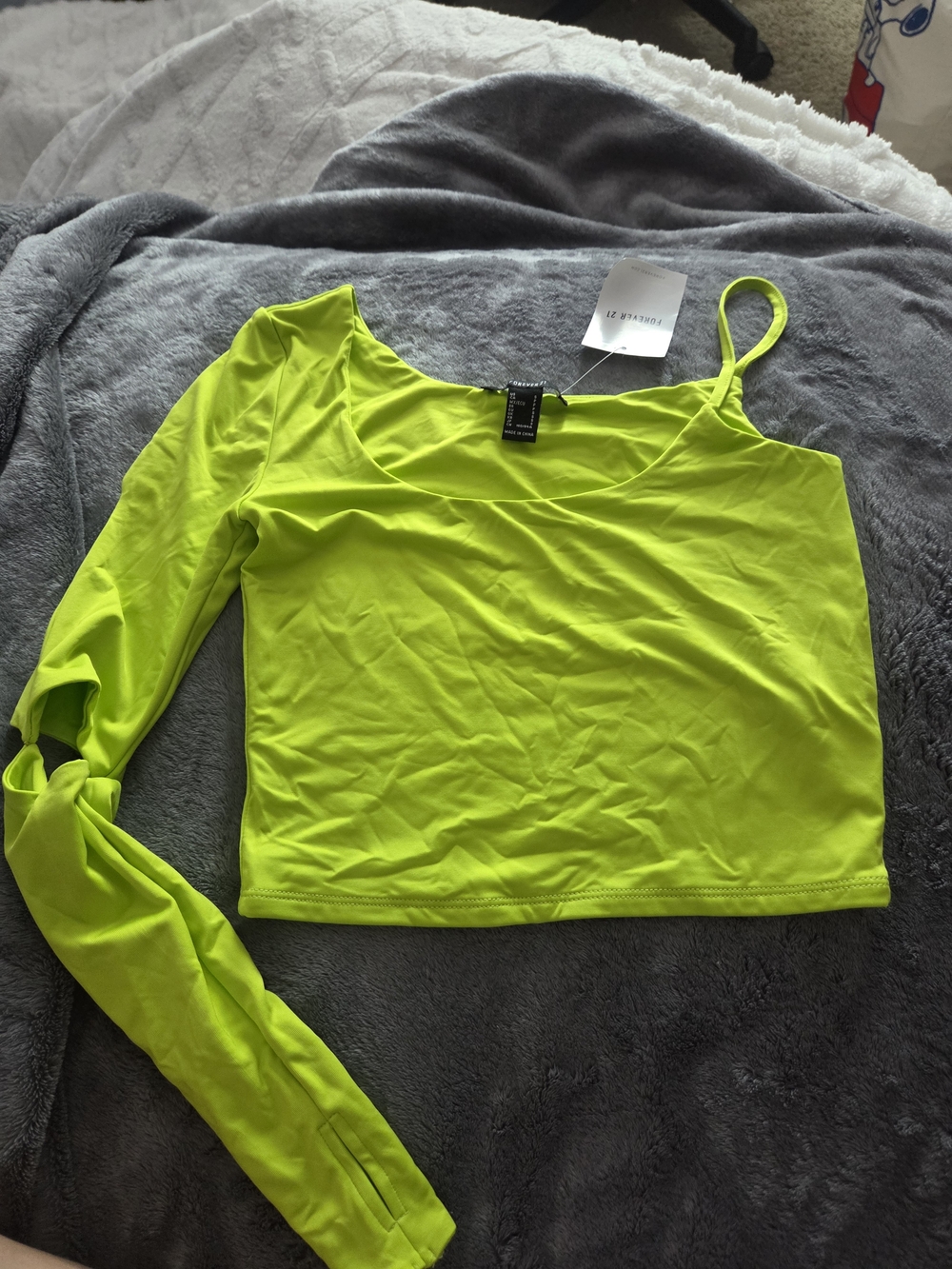 Neon Lime One-Shoulder Crop Top with Long Sleeve